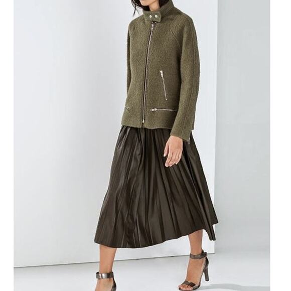Zara Olive Green Boiled Wool Blend Oversized Jacket Sz XS Grunge Moto Boho Edgy